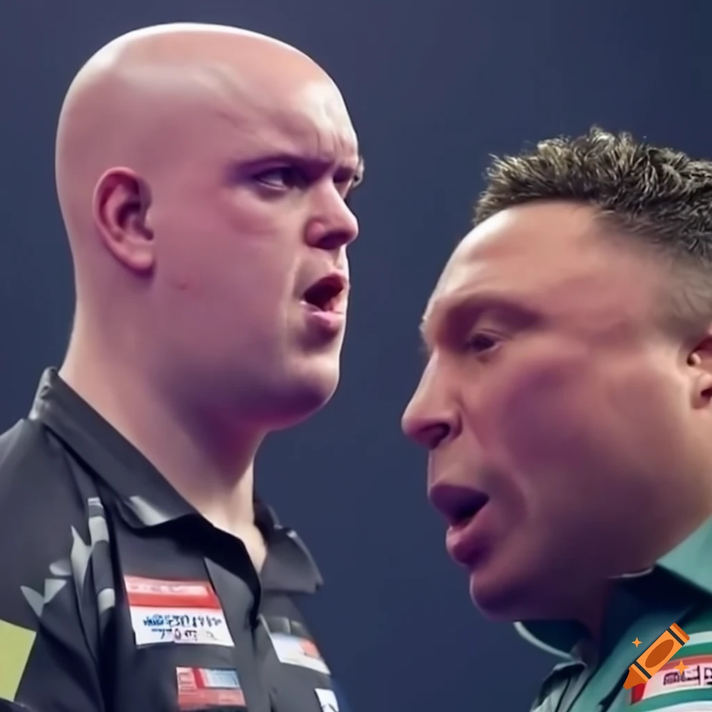 Intense darts match between micheal van gerwen and gerwyn price on Craiyon