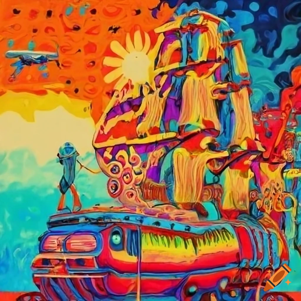dayglo-psychedelic-painting-with-car-rocket-galleon-bus-train-and