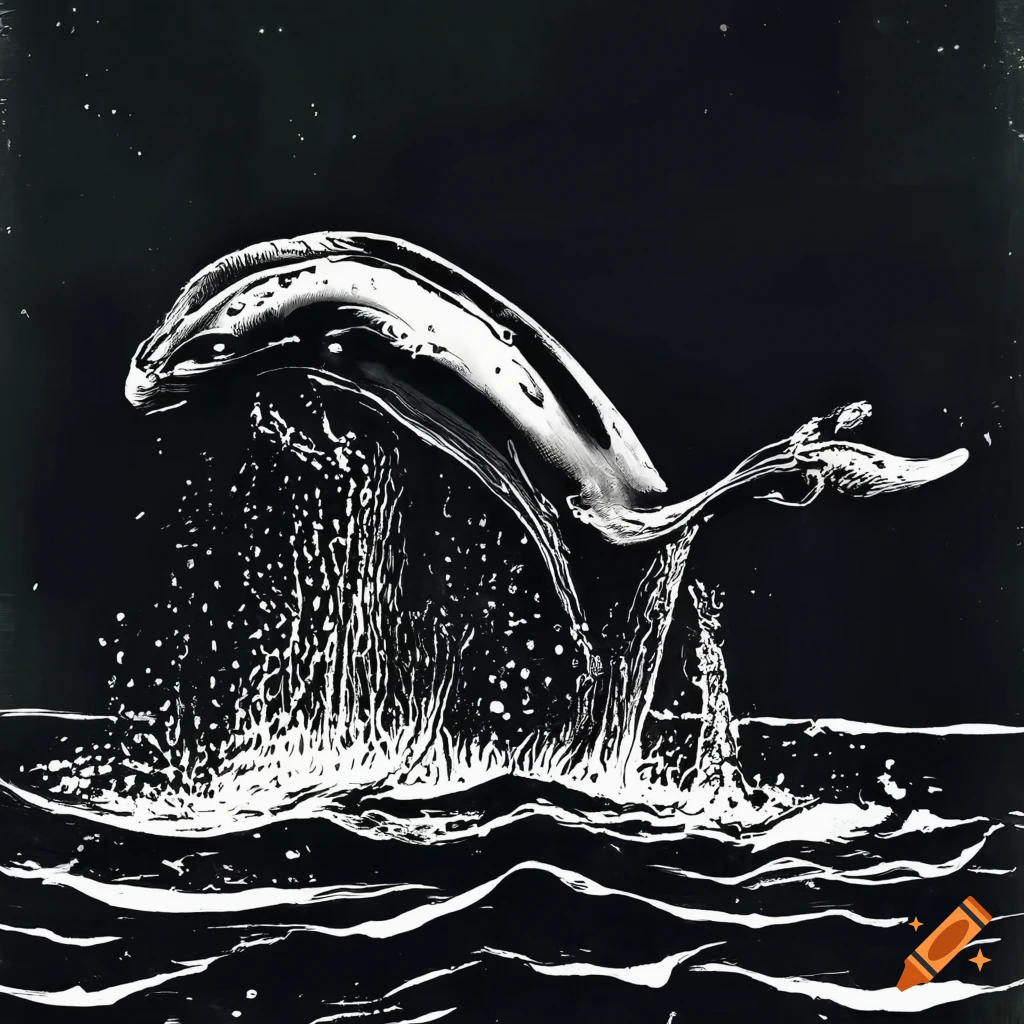 black and white woodcut print of a leaping whale in the dark ocean
