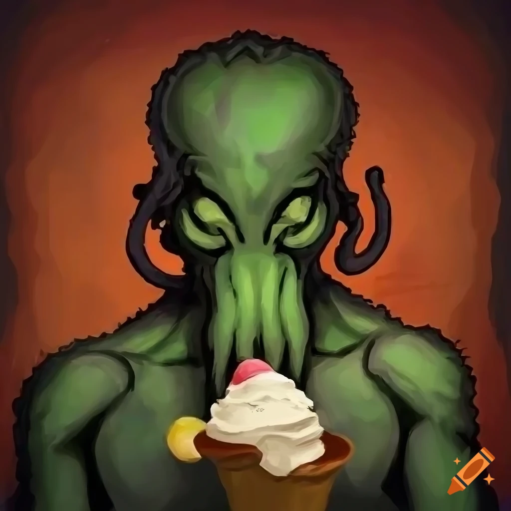 cubist art of Cthulhu enjoying ice cream