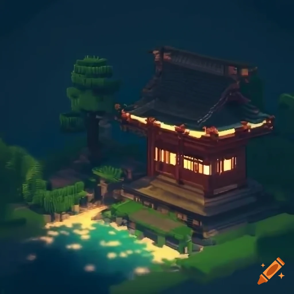 3d pixel art of a japanese village with volumetric light rays on craiyon