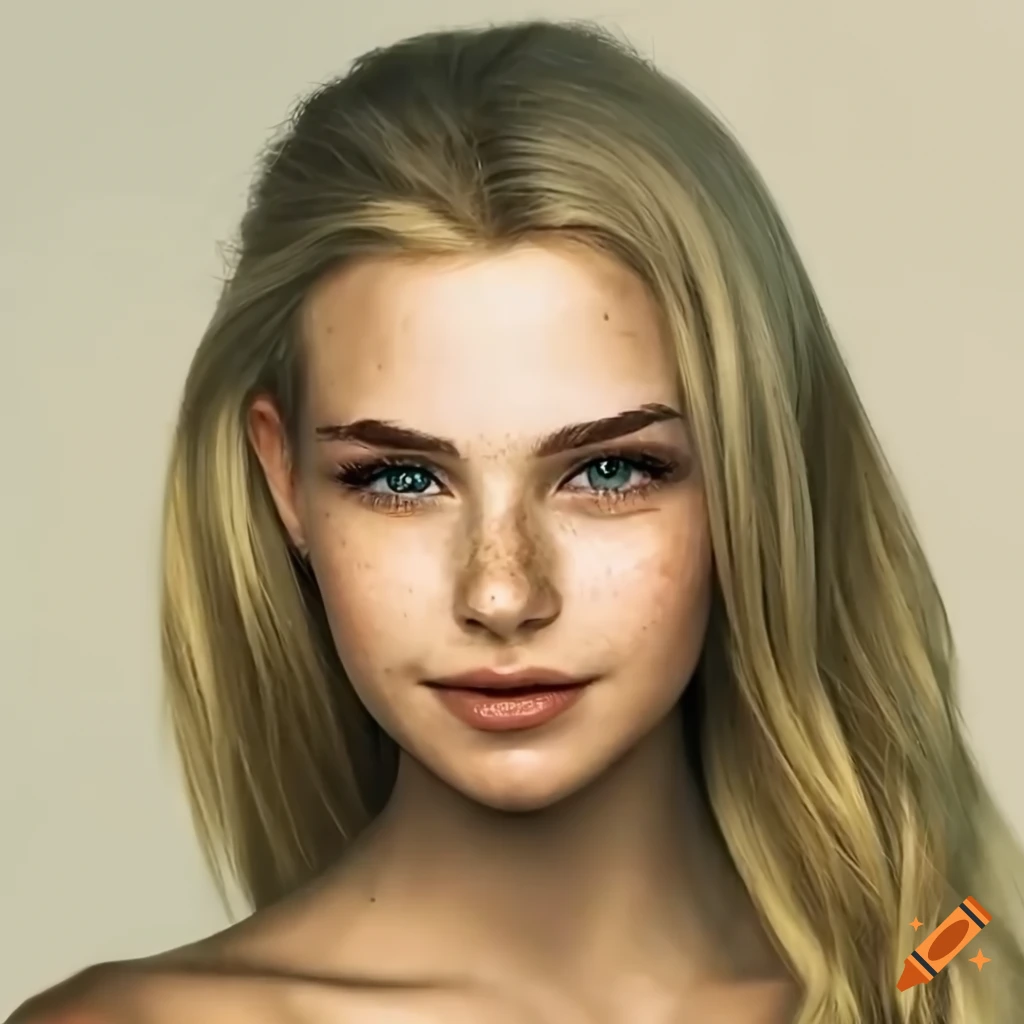 portrait of a pretty young woman with freckles and a shy smile