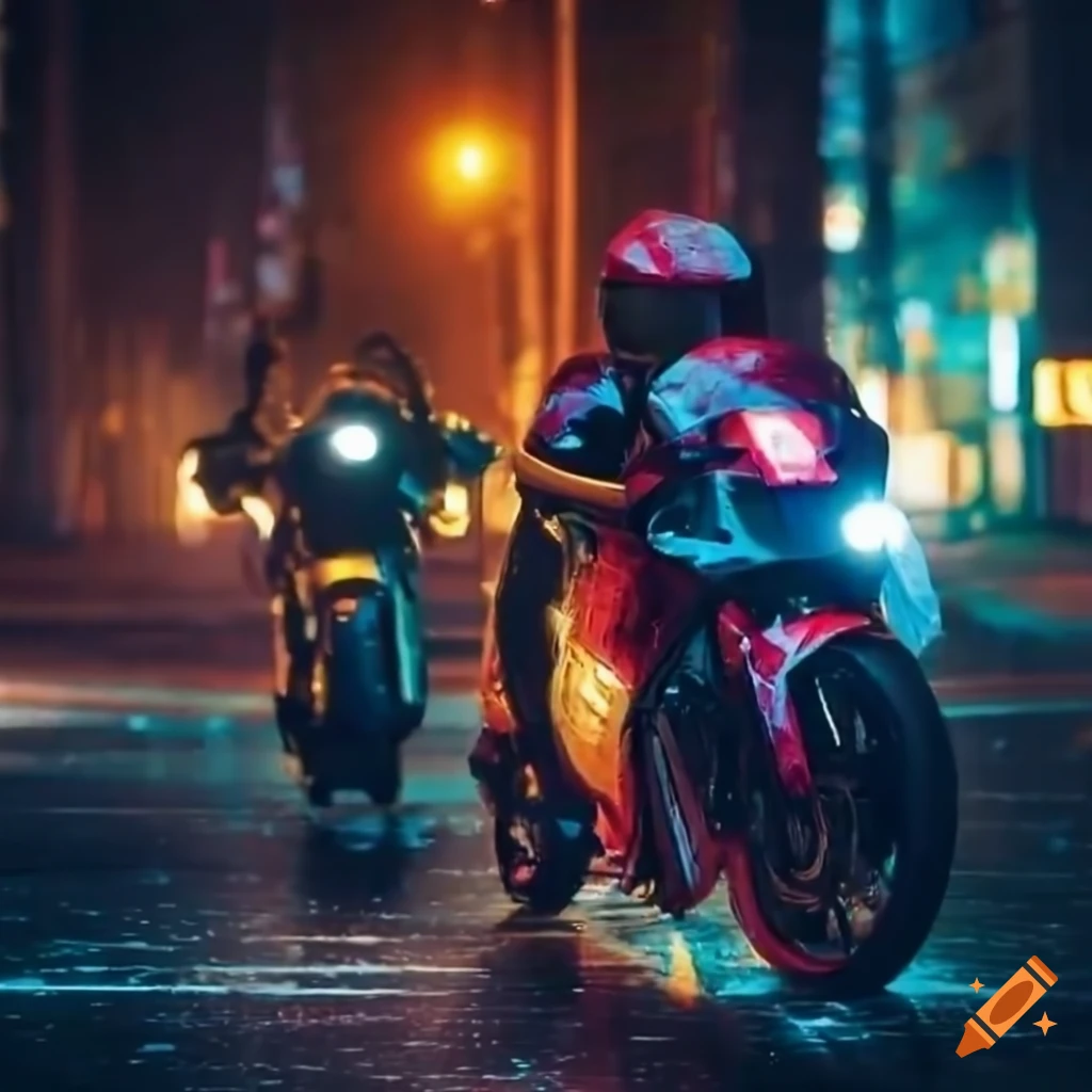 night city with bikers racing in the rain