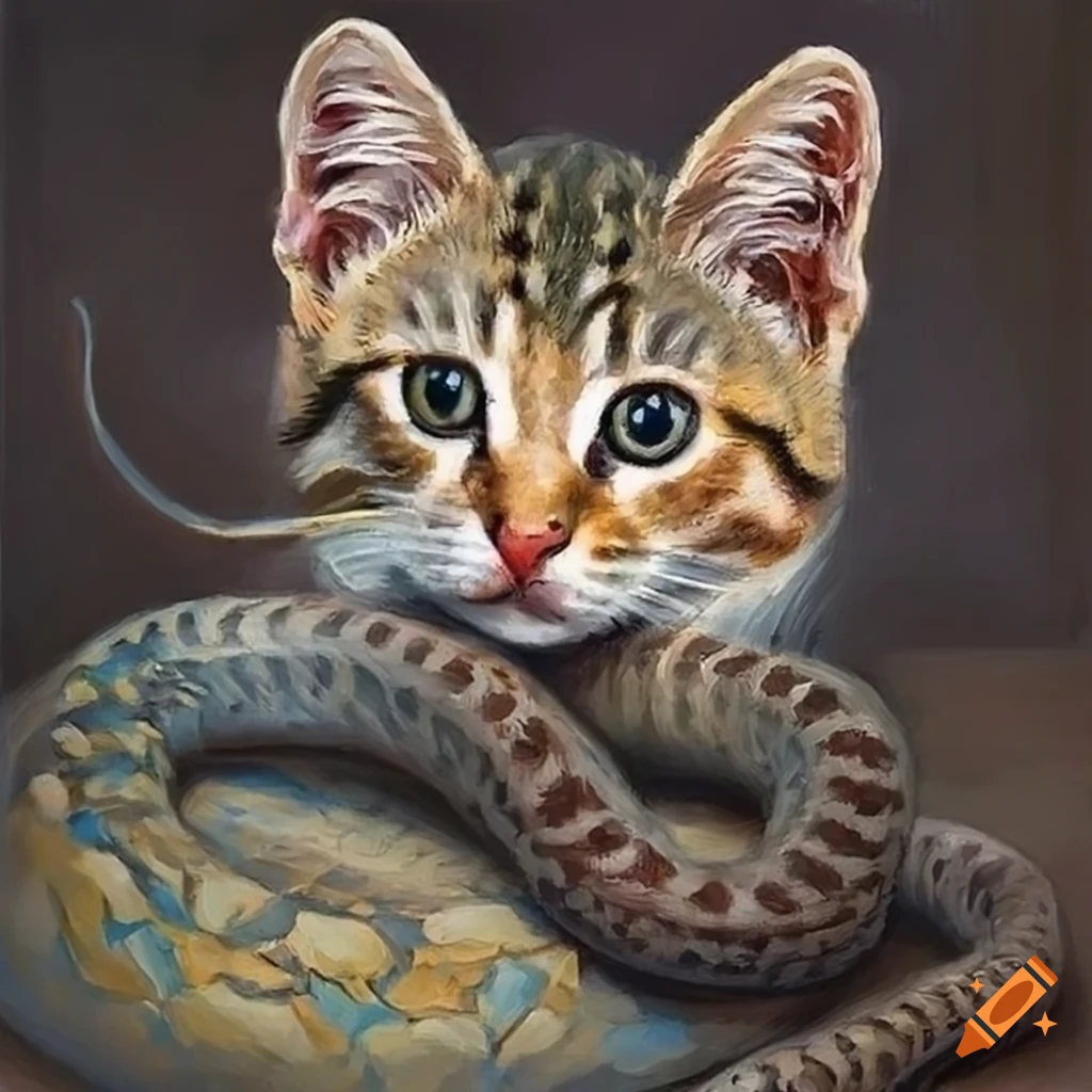 Oil painting of a snake and a kitten being friends on Craiyon
