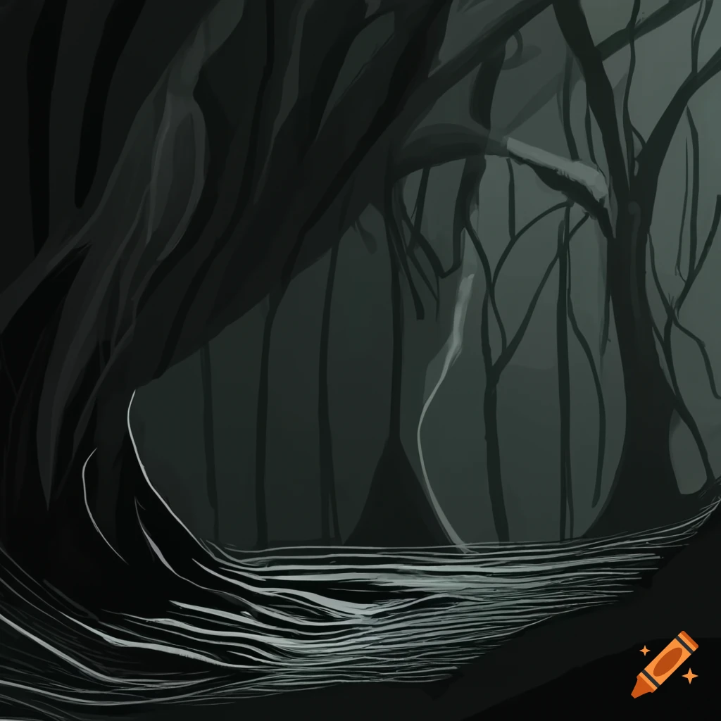 Line illustration of a dark forest landscape