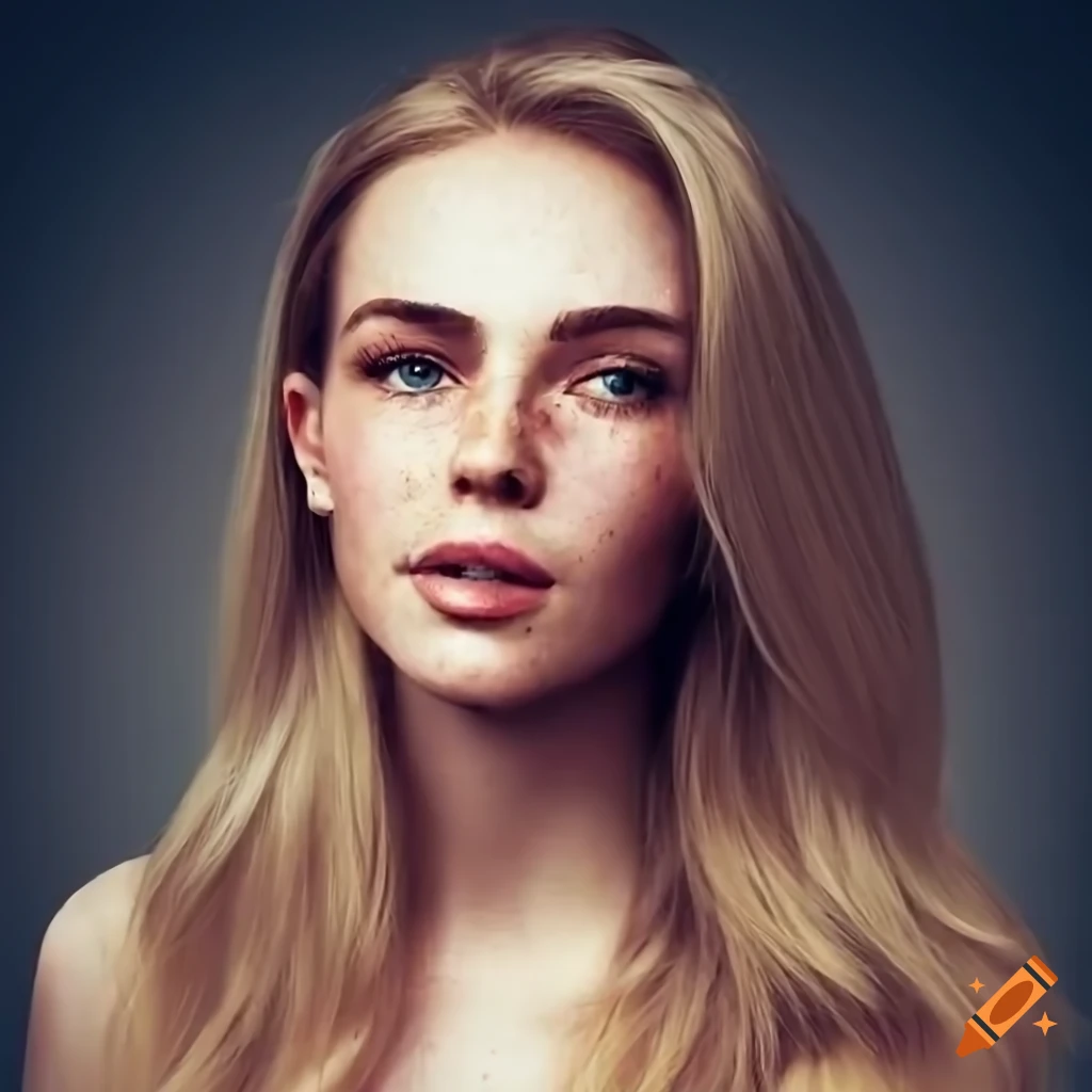 close-up of a pretty young woman with freckles and blonde hair