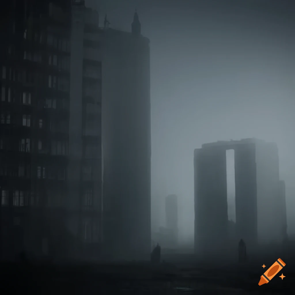 cityscape enveloped in mist with a mysterious machine
