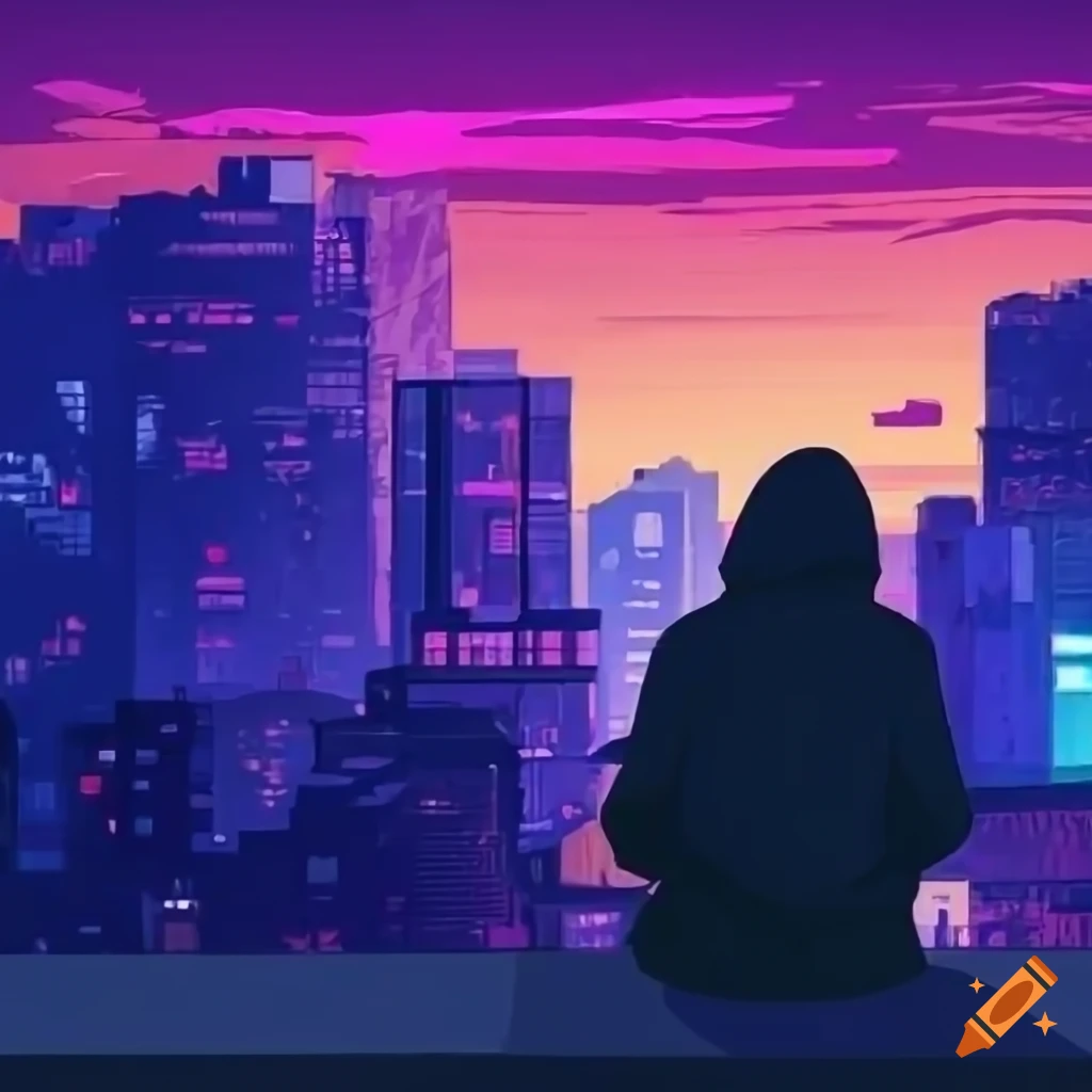 cyberpunk manga character sitting in a sunset cityscape