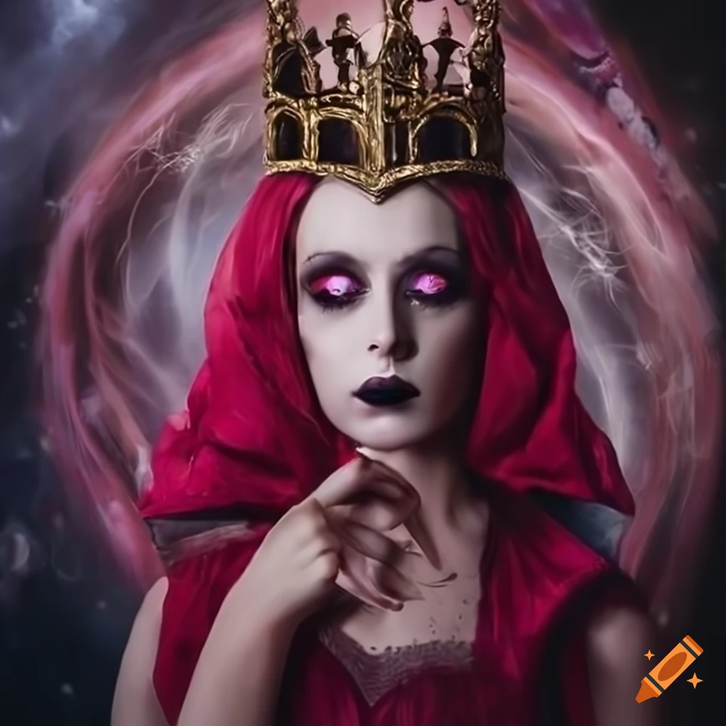 Portrait of evil queen of hearts in crimson dress and ruby crown on Craiyon