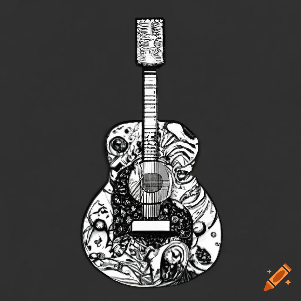 black and white guitars with Feynman diagram-inspired patterns