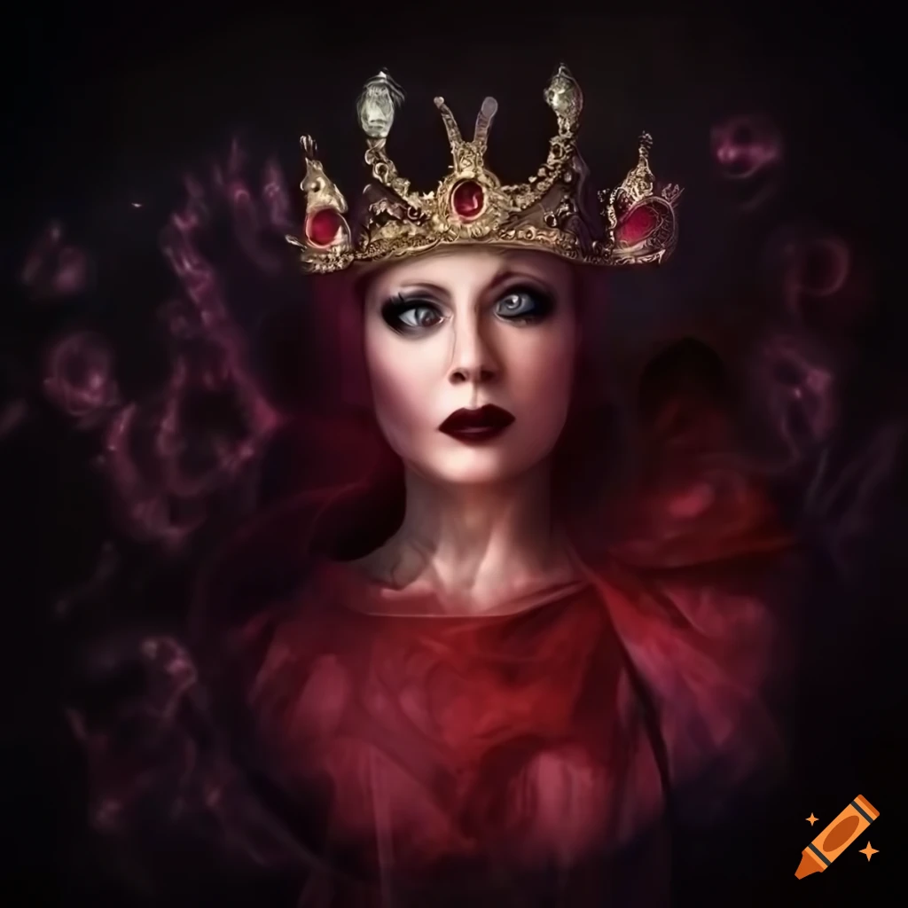 Portrait of evil queen of hearts in crimson dress and ruby crown on Craiyon