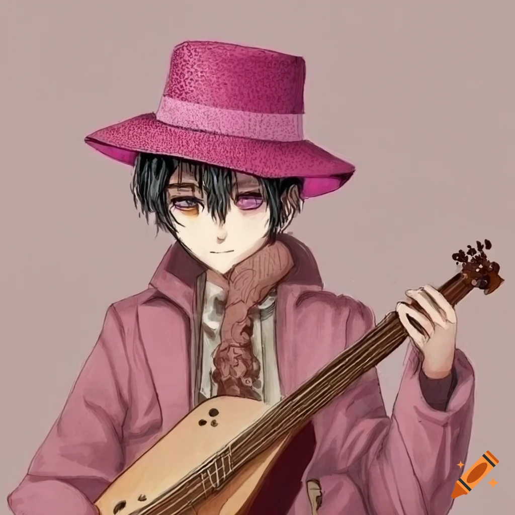 young man playing a dulcimer in a pink outfit