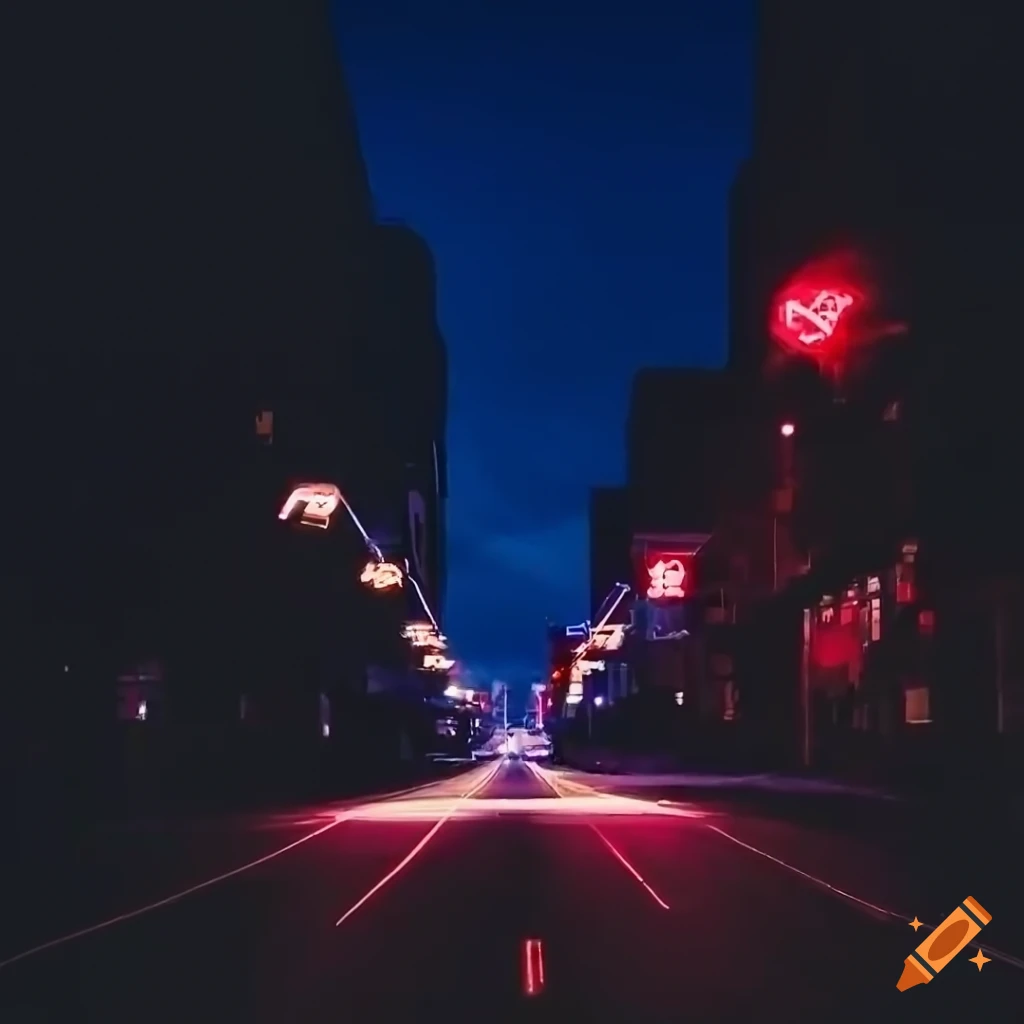 night cityscape with neon lights on an empty road