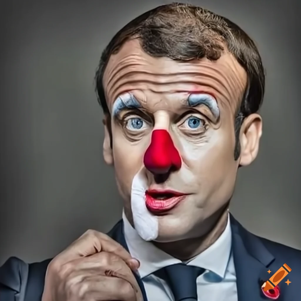 satirical portrait of President Macron as a clown