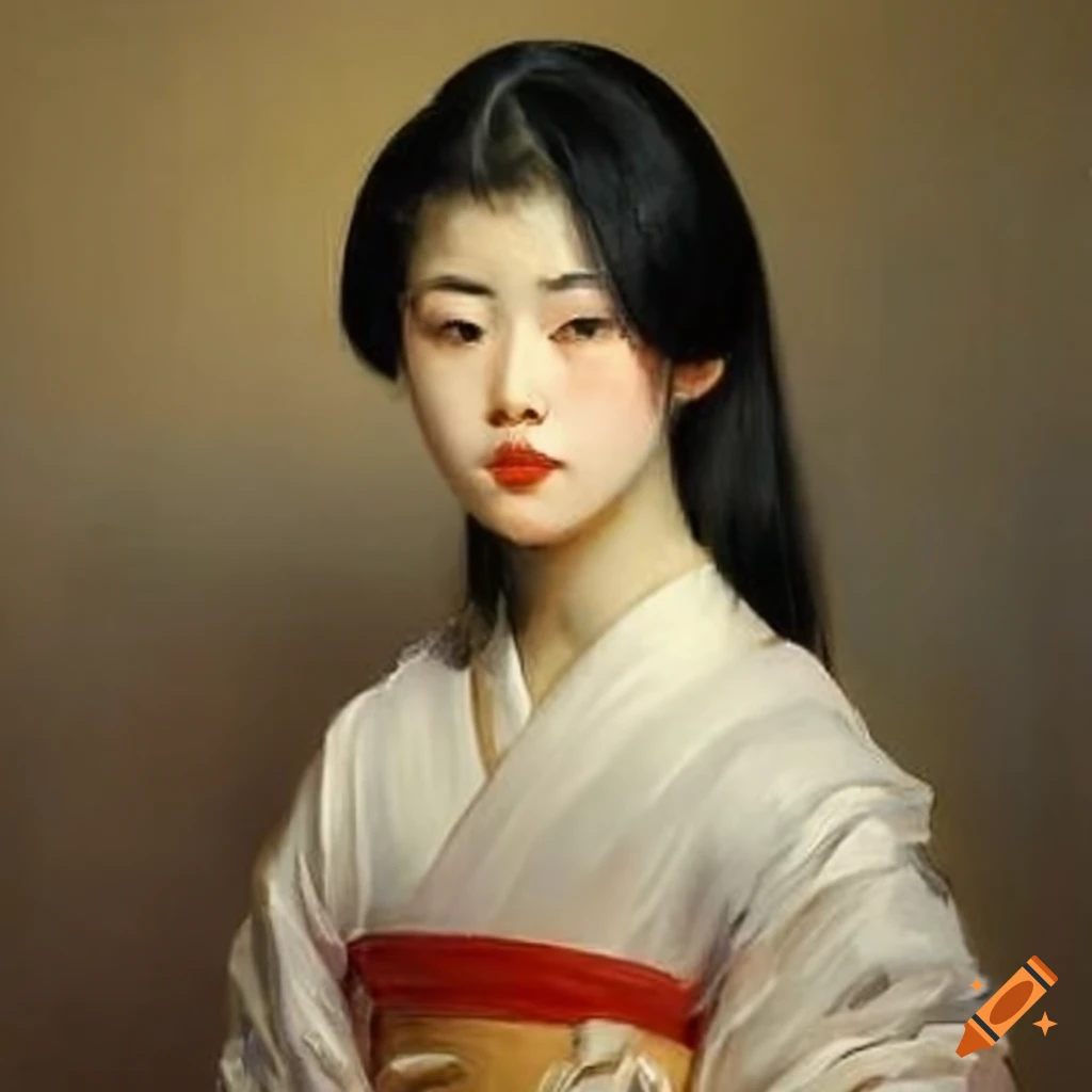 oil painting of a beautiful young Japanese lady with black hair