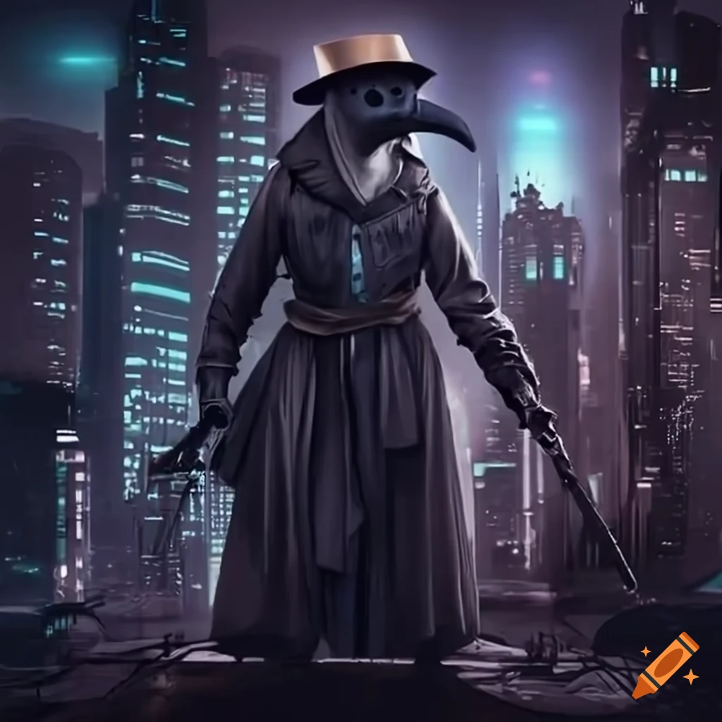 plague doctor in a futuristic city