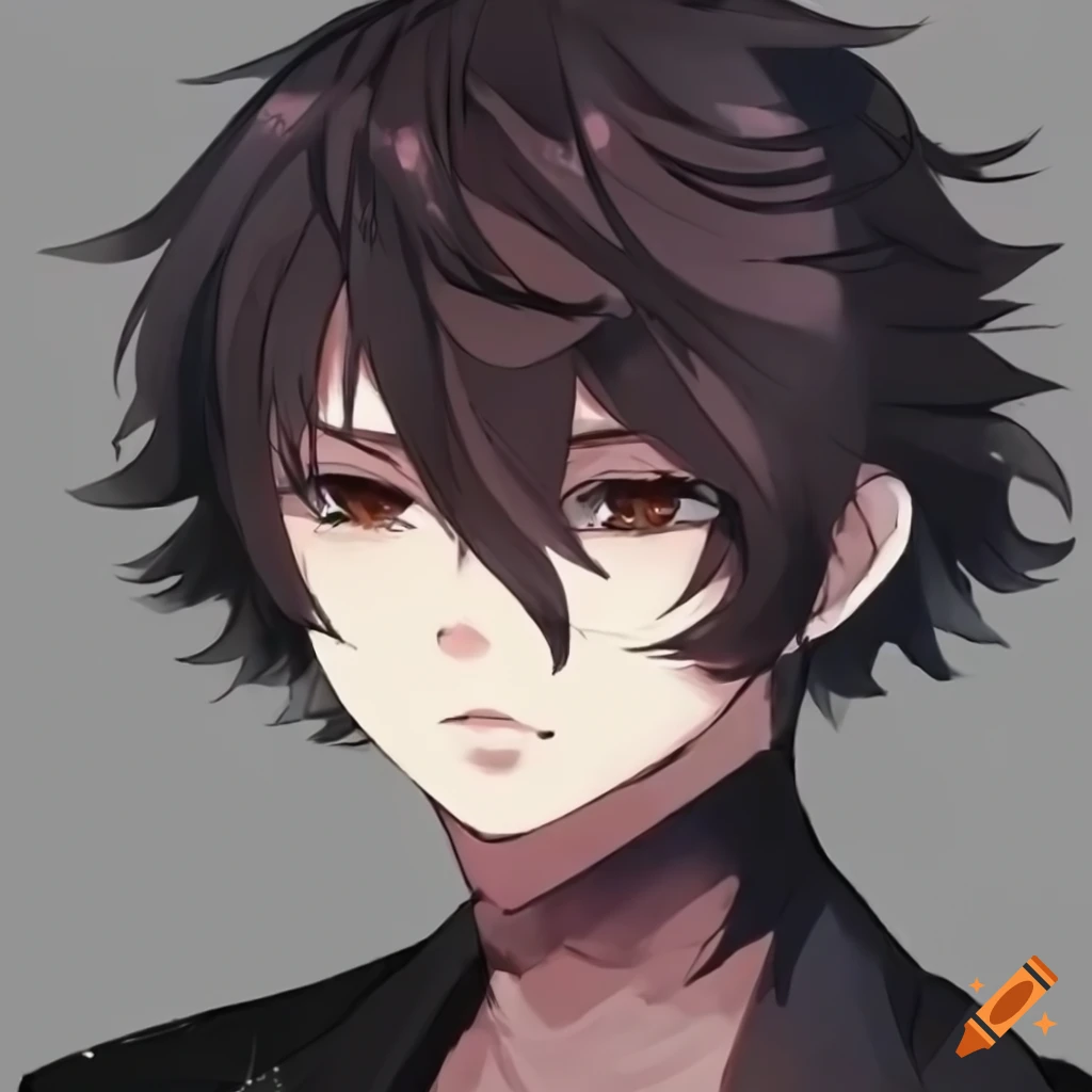 Anime boy character with black long fluffy wavy hair, wearing a