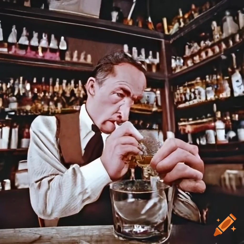 Old pub with bartender cleaning the glass with white towel on background.  Empty name tag badge on the shirt uniform. Barman at his working place.  Stock Photo