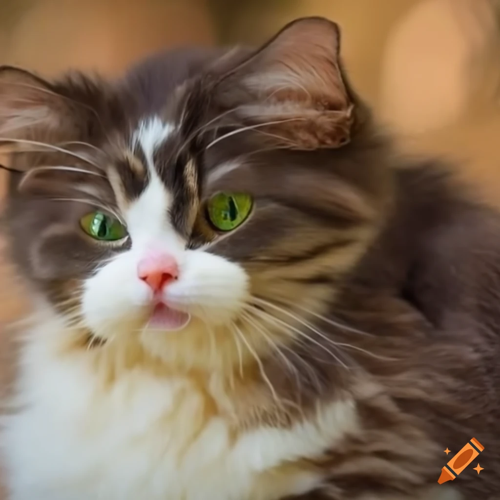 Fluffy cat with green eyes and white belly