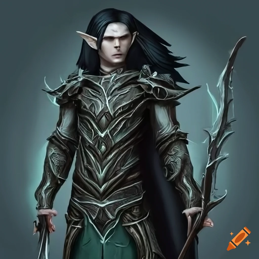 artwork of a menacing male elf with raven wings and dual swords