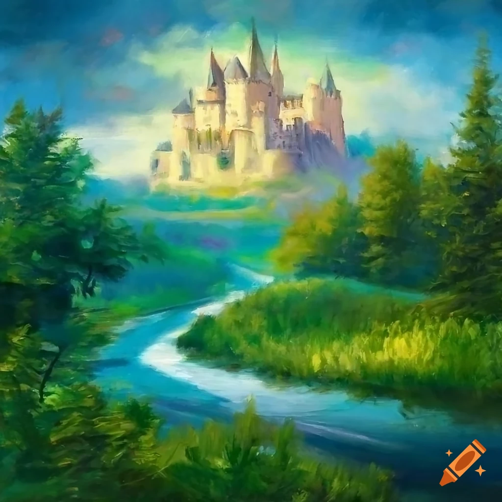 fantasy oil painting of a forest landscape with a castle in the background
