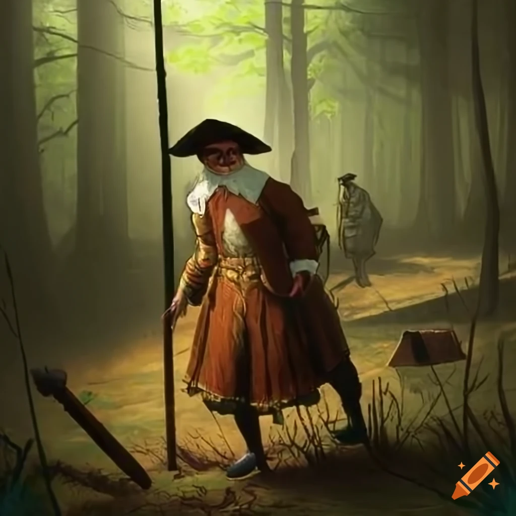 search party of English settlers in colonial-era clothing