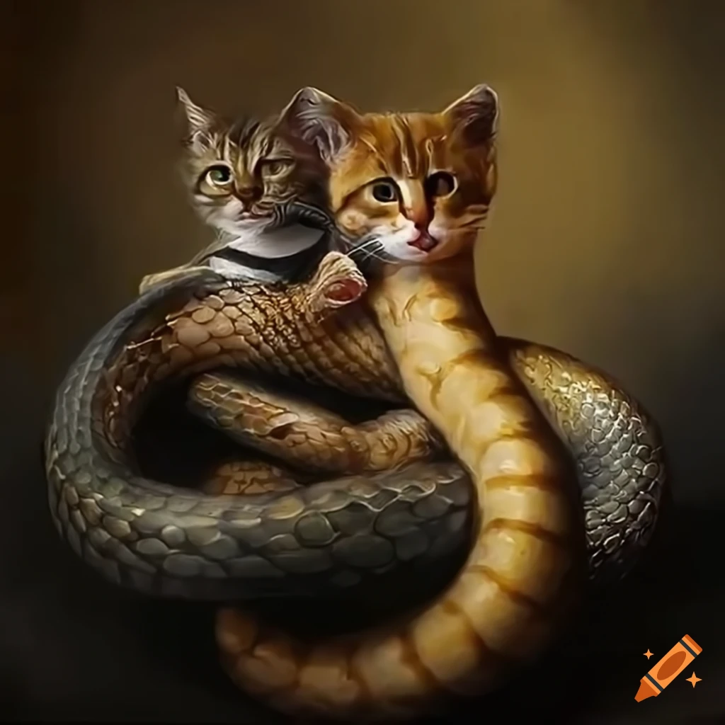 Oil painting of a snake and a kitten being friends on Craiyon