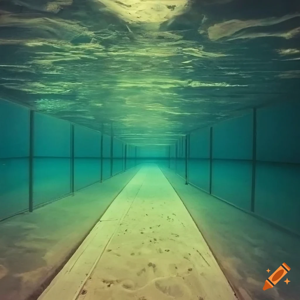 surreal hallway with a pool and golden sunset light