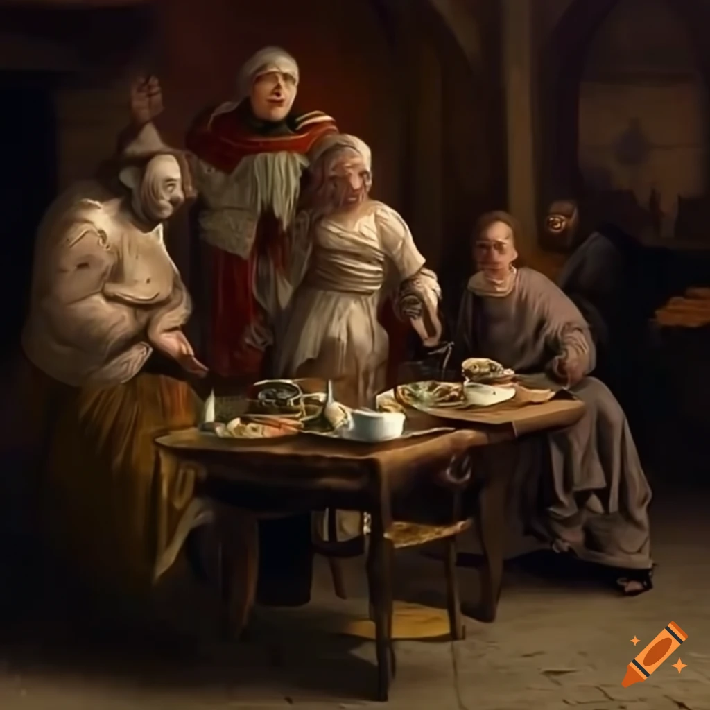 painting of a medieval feast in a town square