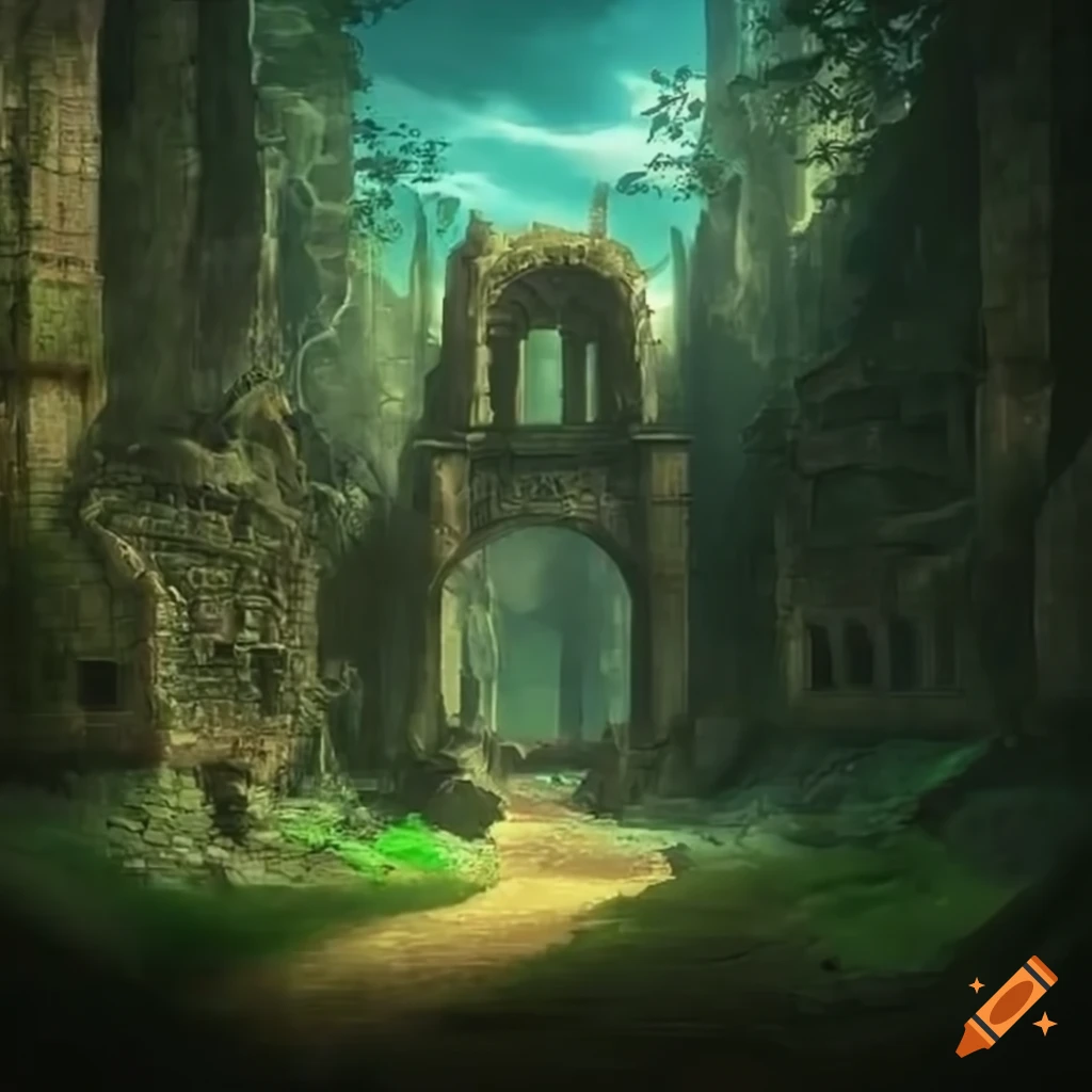 Ruins of an ancient city in a forest on craiyon