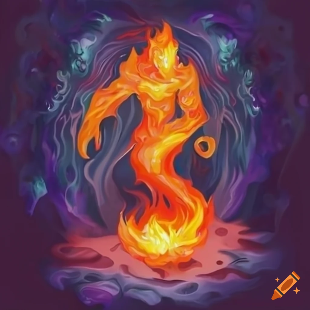 digital art of a fire elemental in a magical symmetrical setting