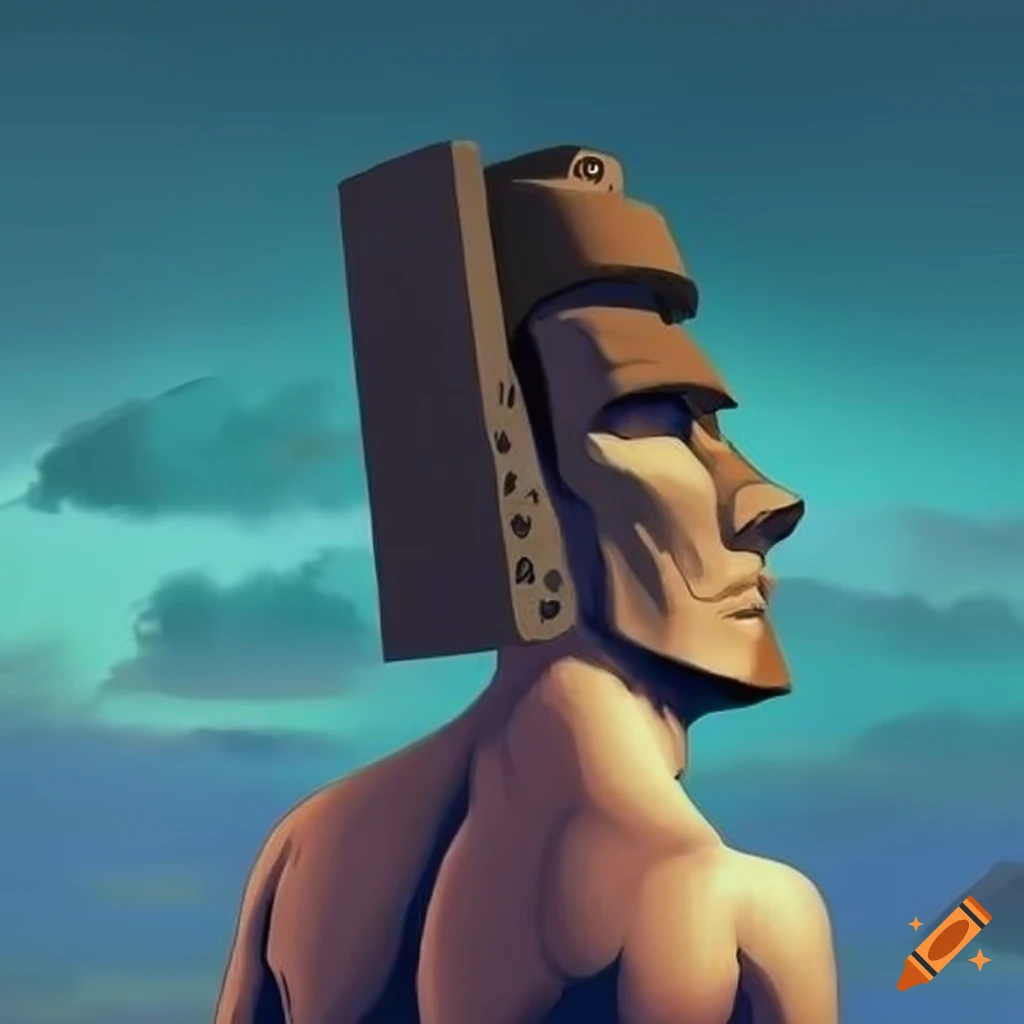 digital art of a shirtless anthropomorphic moai statue