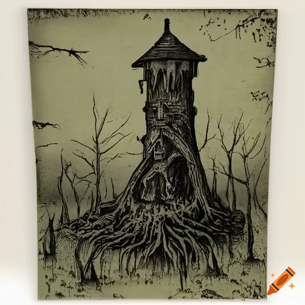Black and white acid etching of a necromancer tower in a swamp on Craiyon