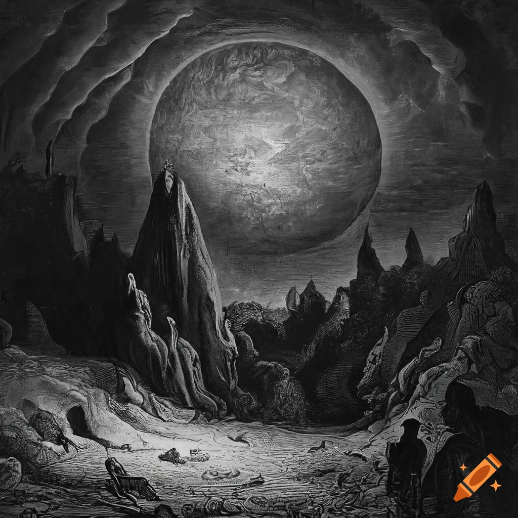 Black and white painting of a desert by gustave dore on Craiyon