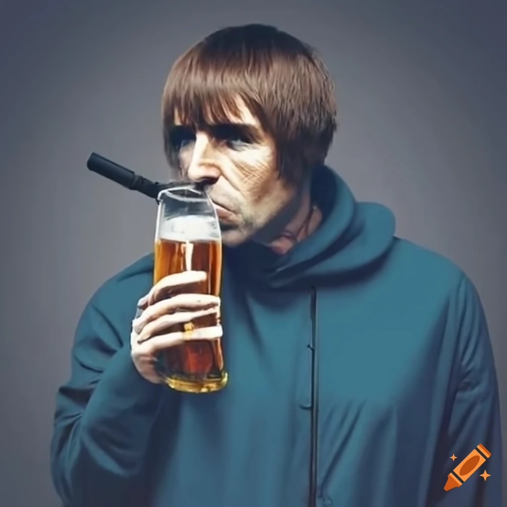 Liam Gallagher holding an air rifle and drinking cider