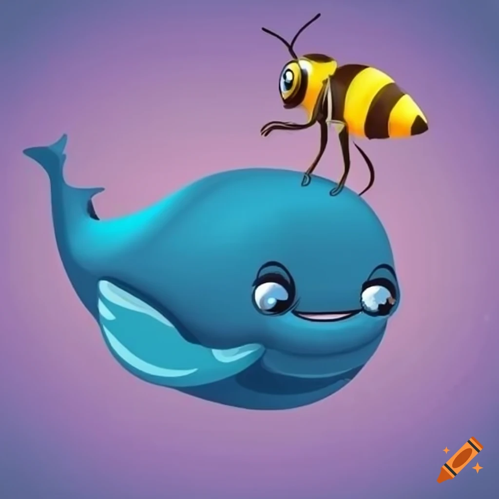 cartoon illustration of a bumble bee riding on a blue whale