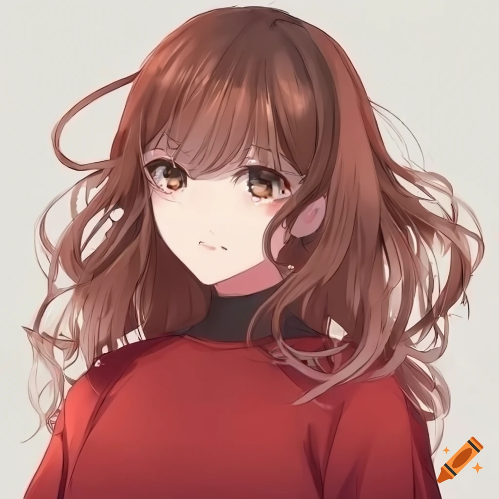 anime girl with brown hair and wearing a red sweater