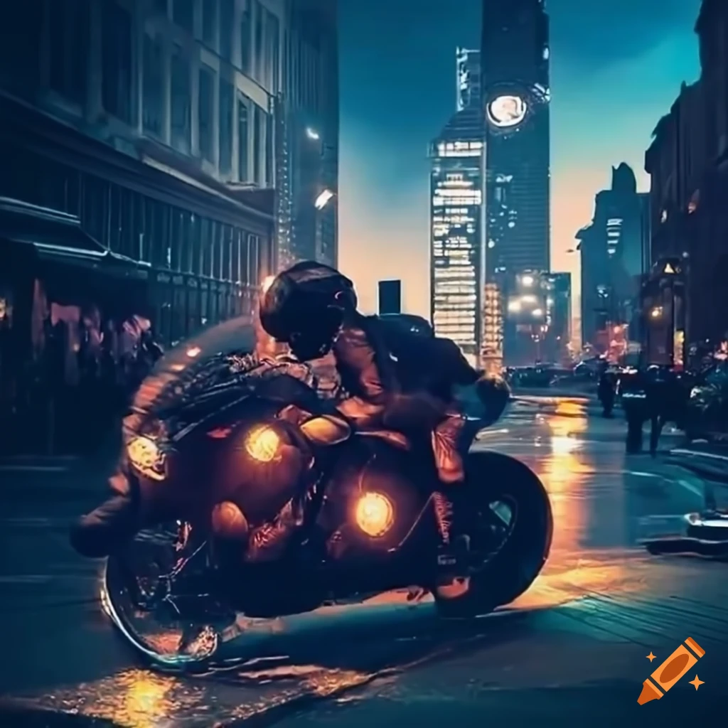 nighttime cityscape with bikers racing through the streets
