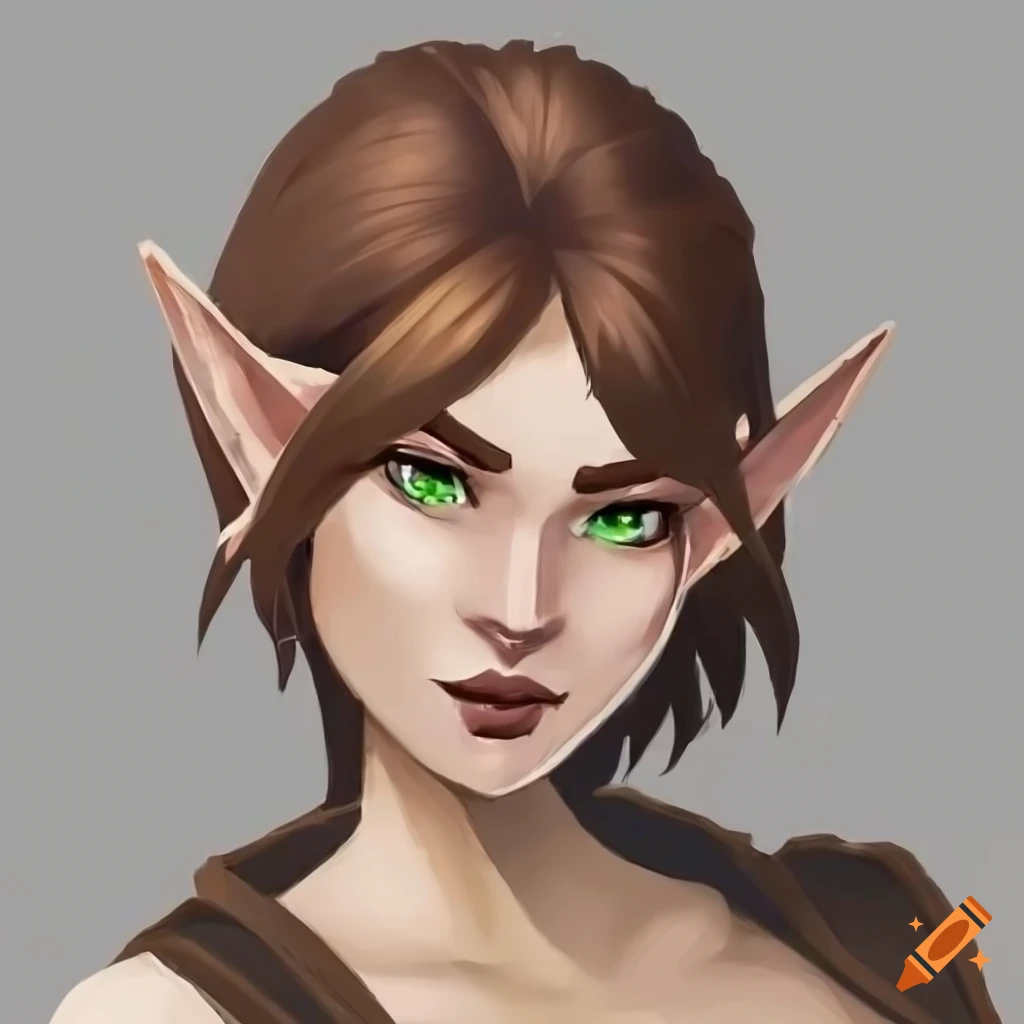 portrait of a female elf bard with short brown hair and solid-colored eyes
