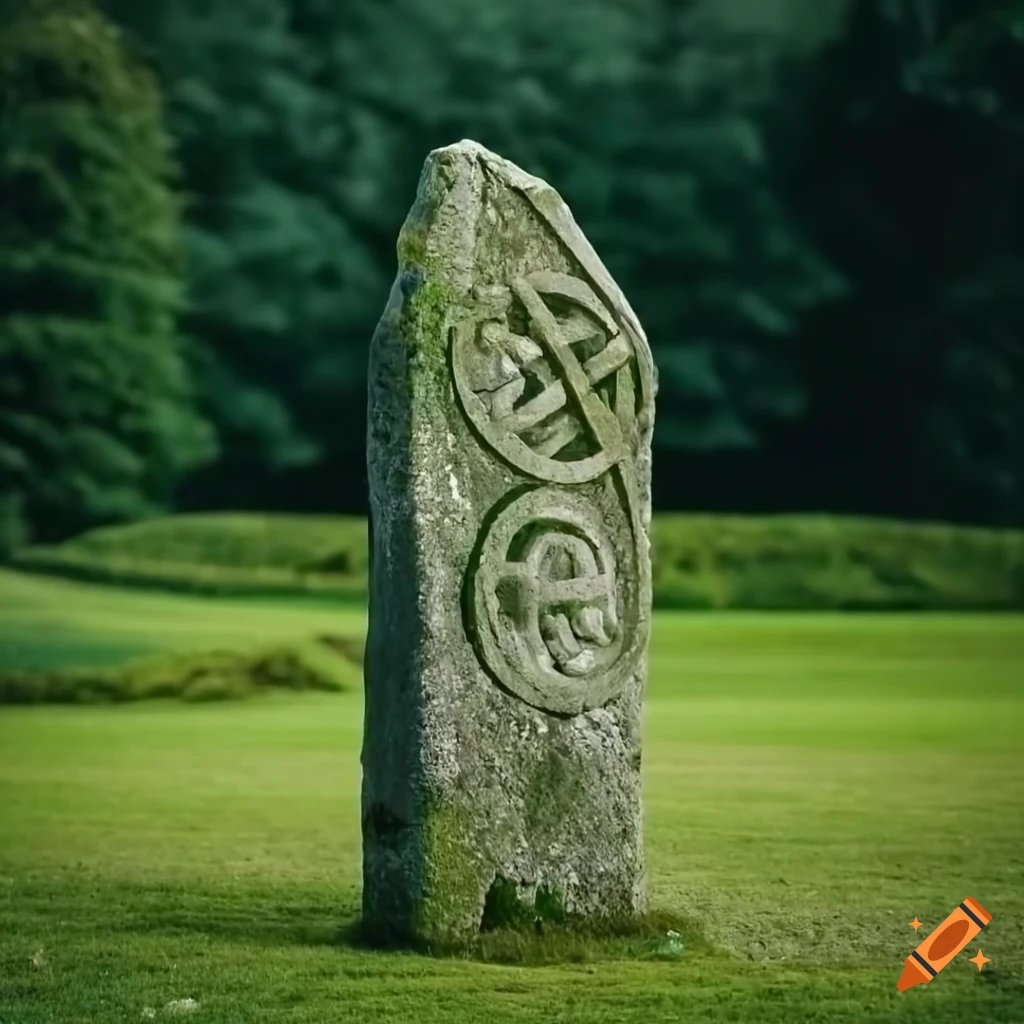 Celtic stone monument covered in moss and ivy