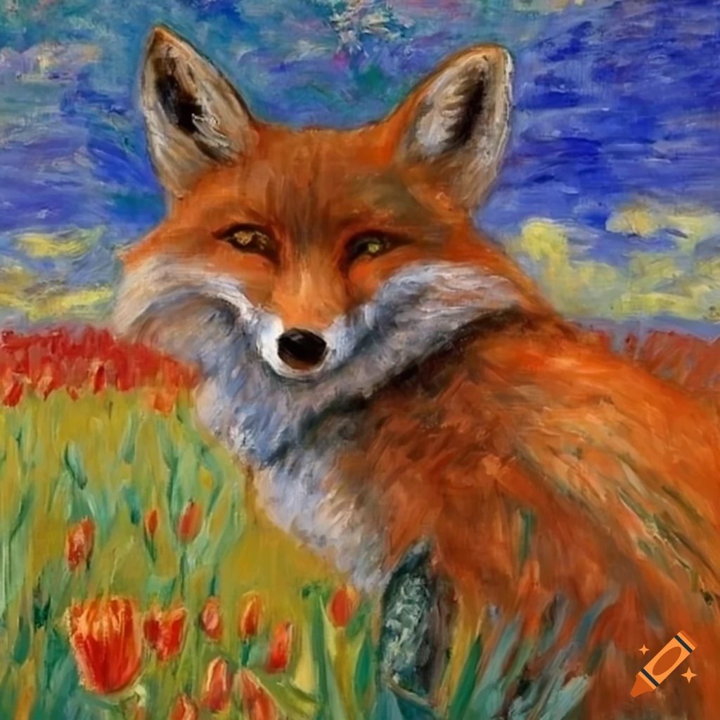artistic depiction of a fox in a field of tulips