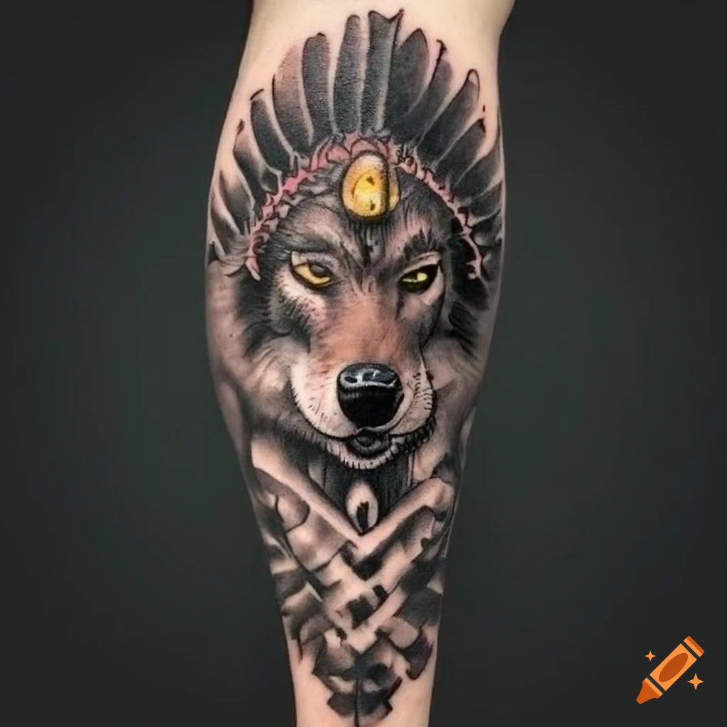 wolf with native indian hat and snake tattoo