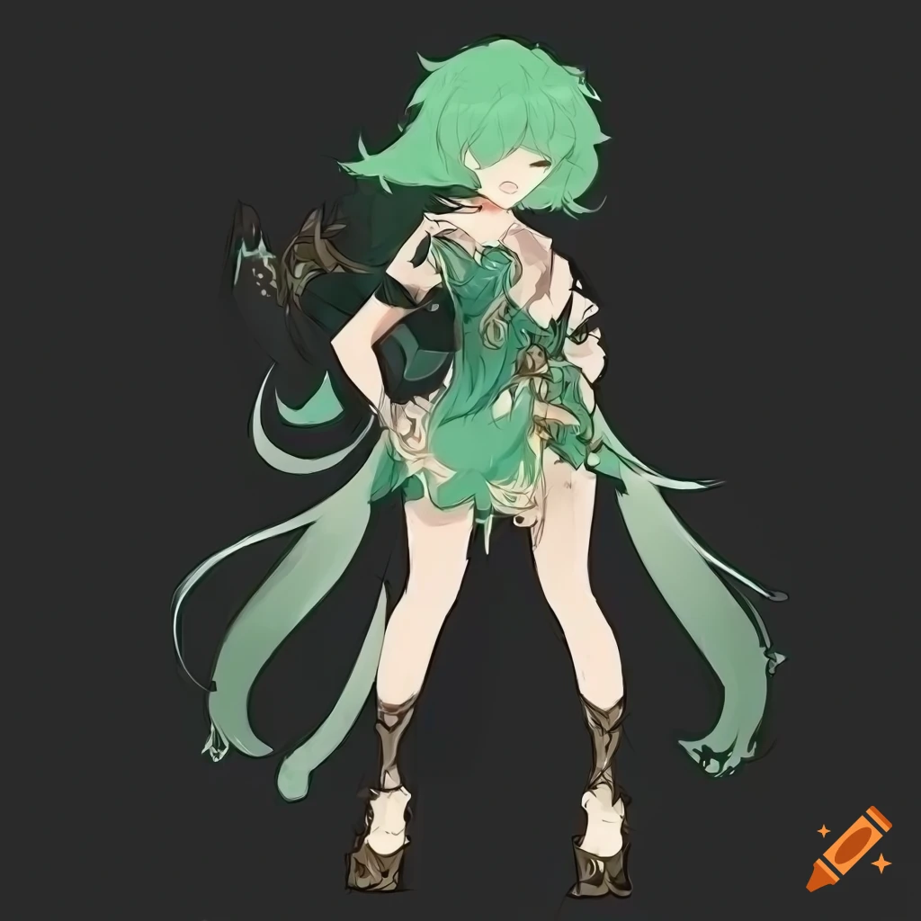 Character sheet of an anime girl with green hair on Craiyon
