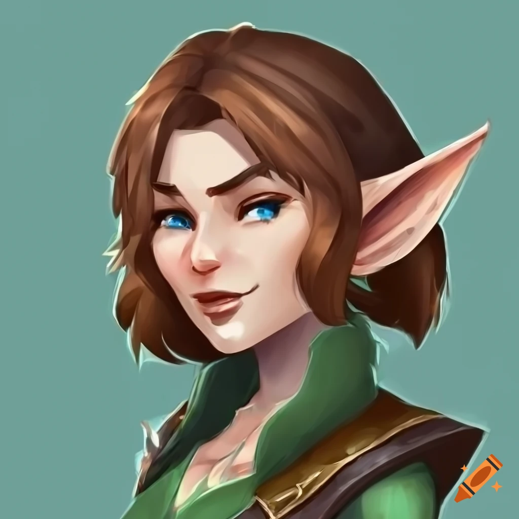 portrait of a female elf bard with short brown hair and solid-colored eyes