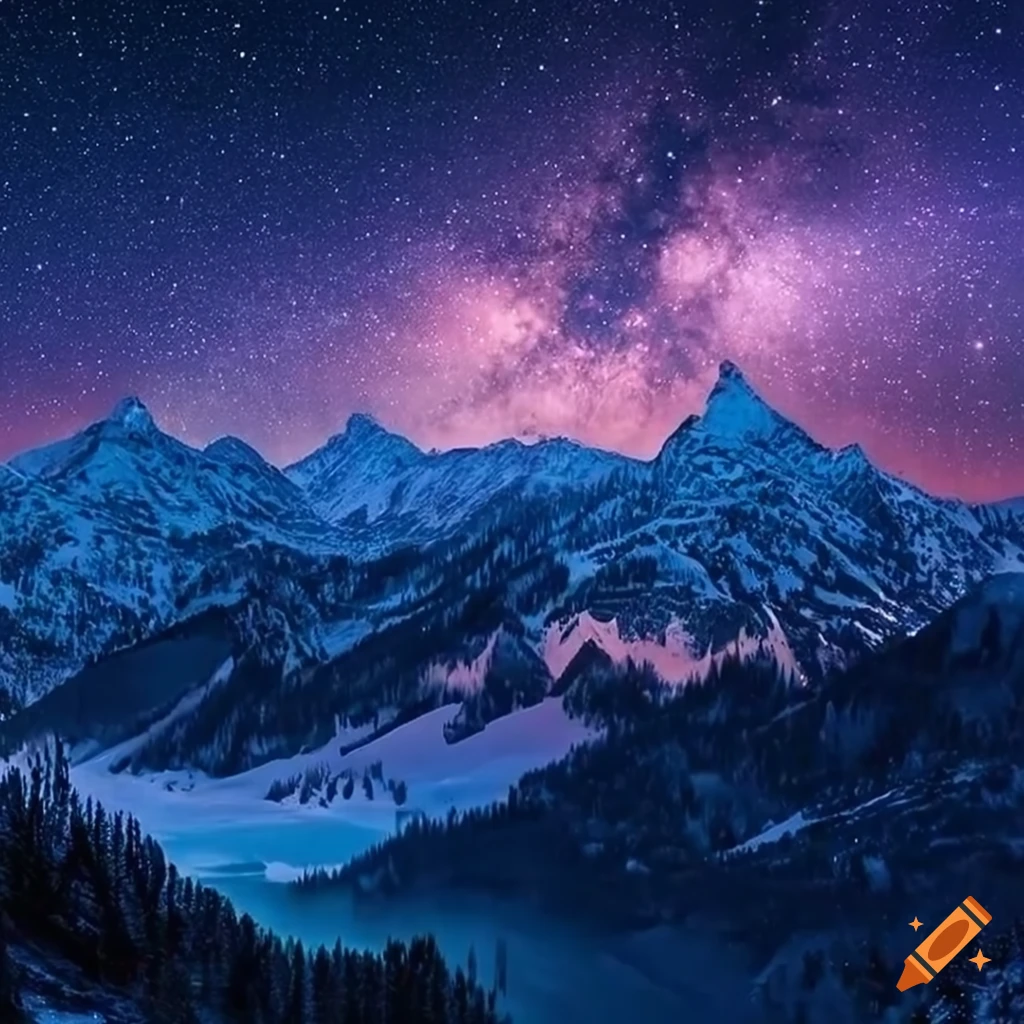 digital artwork of snowy mountains under a starry night sky