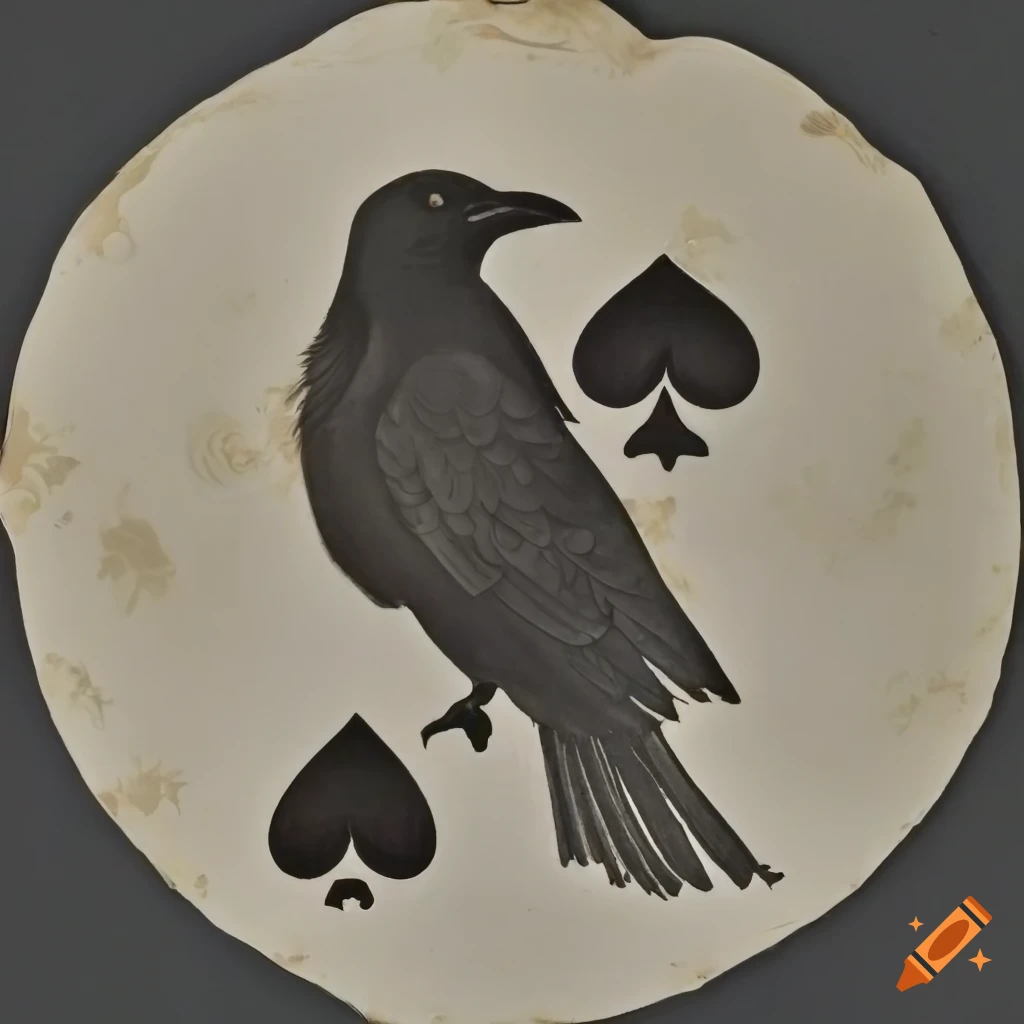 stencil of a crow with 4 and 8 of spades playing cards