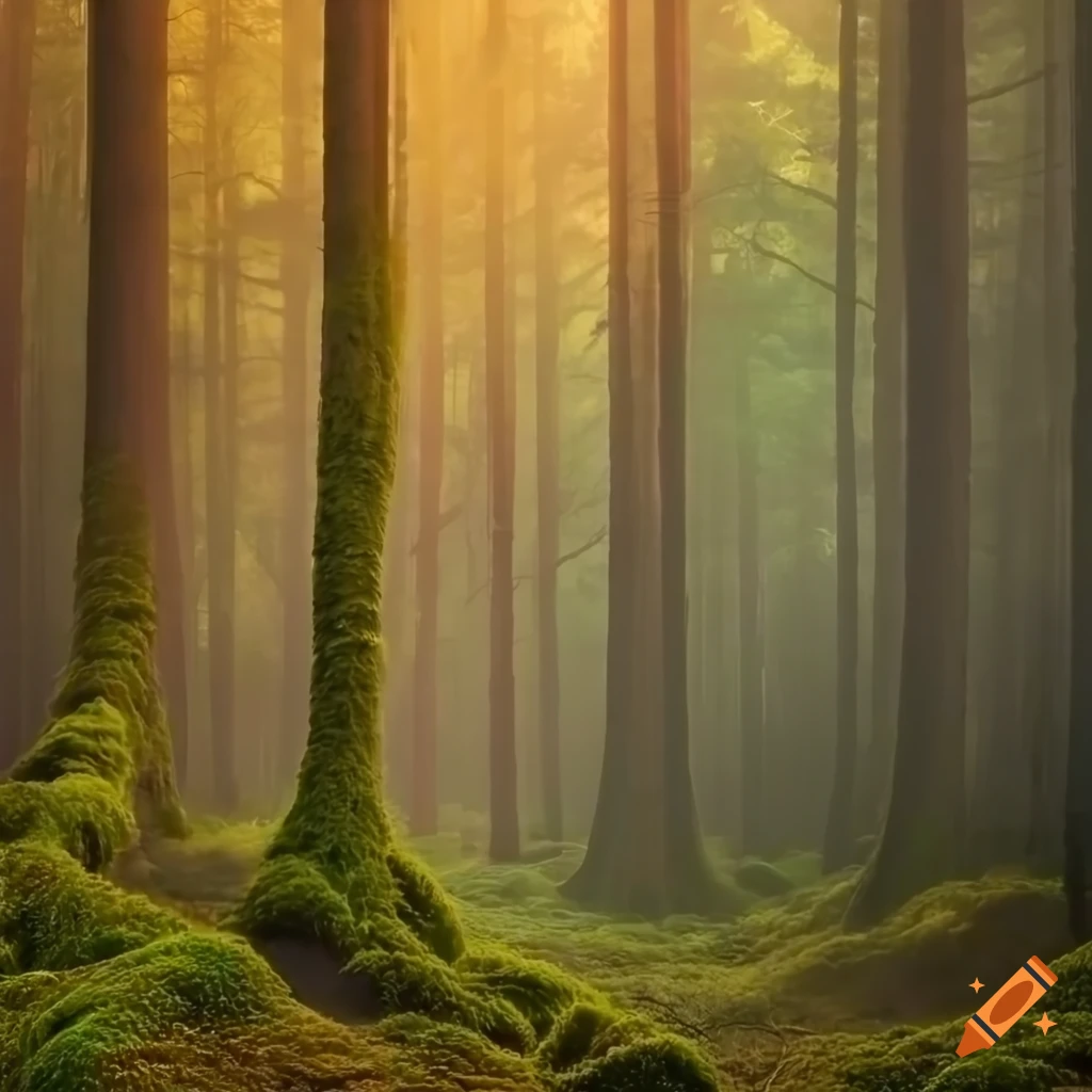 mossy forest illuminated by orange light