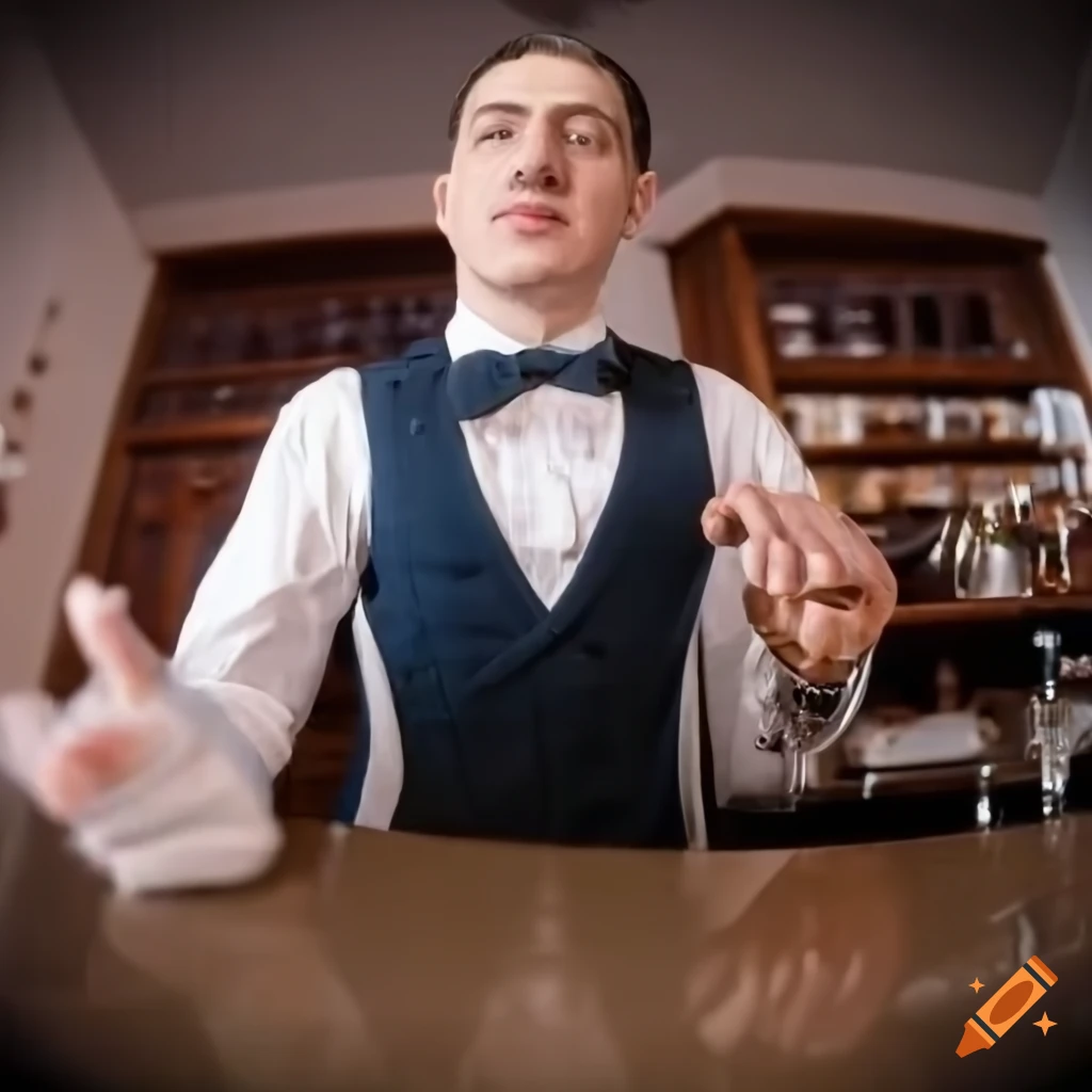 close-up of a 1940s bartender wiping the counter