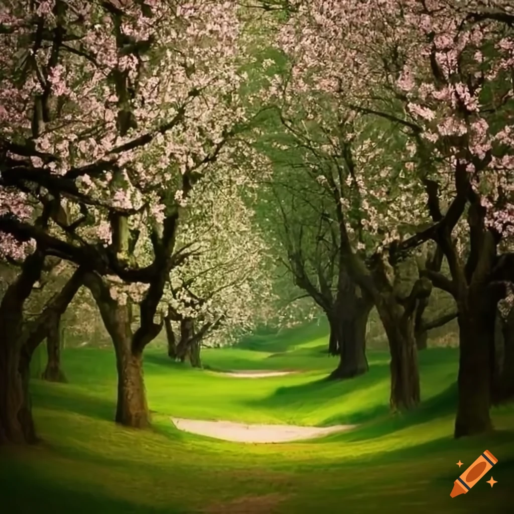 path through a flowering orchard with satyrs