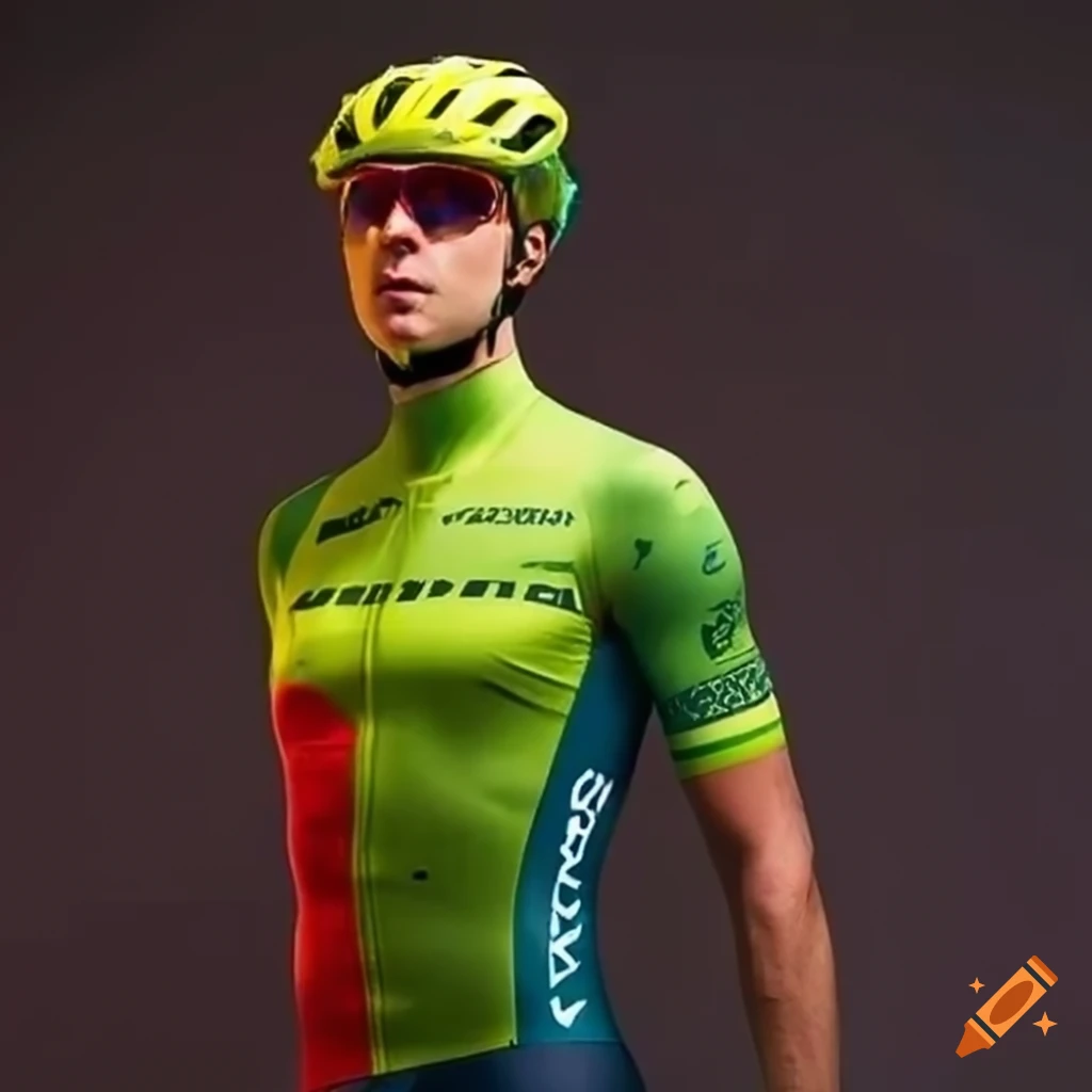 Unique cycling jersey design with yellow, green, and red colors on Craiyon